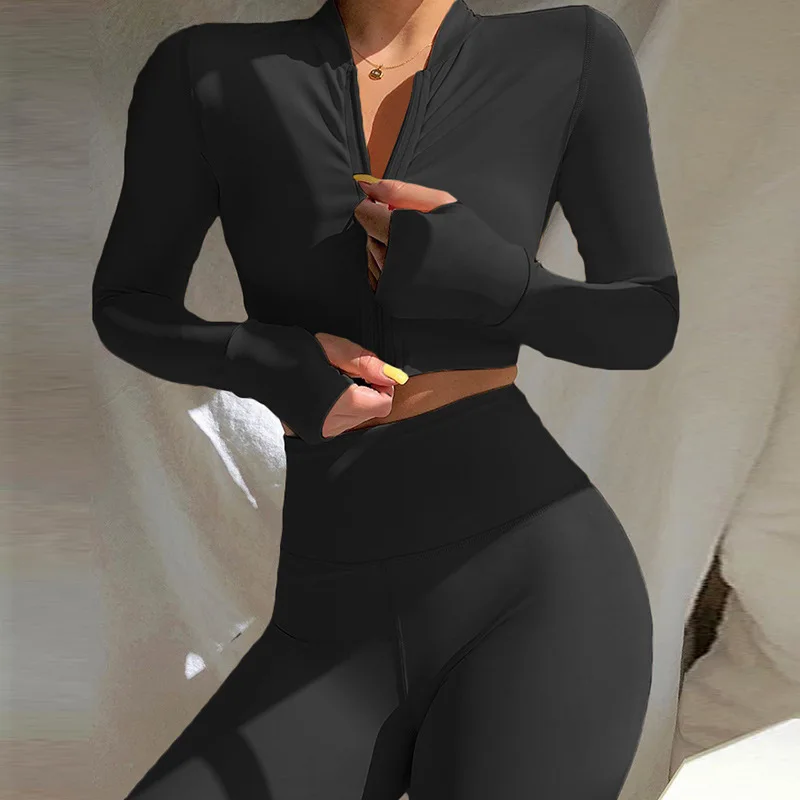 Yoga Gym Set Women Sportswear Long Sleeve Zipper Crop Top Leggings Suit for Fitness Workout Clothes Tracksuit Red Khaki Black
