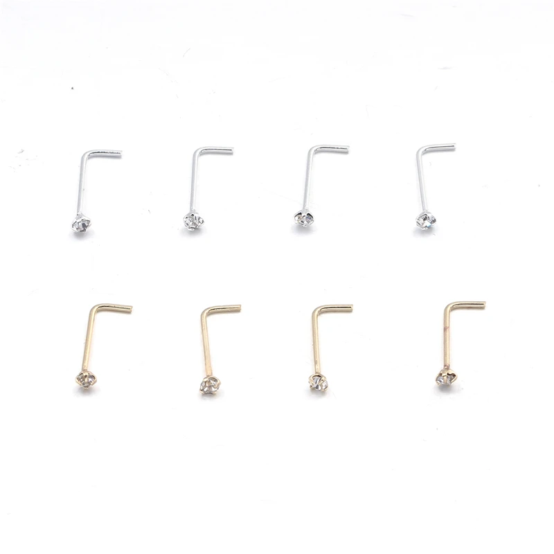 20PCS/Box Sterling L Shape Nose Stud Ring 2mm Clear Crystal Nose Piercing Body Jewelry nose piercings