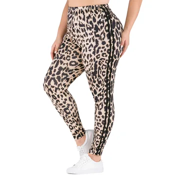 

Aygaiyigu Plus Size Leopard Printing Leggings Women Fashion Elastic Bodycon Leggings Large Size High Waist Side Striped Clothing