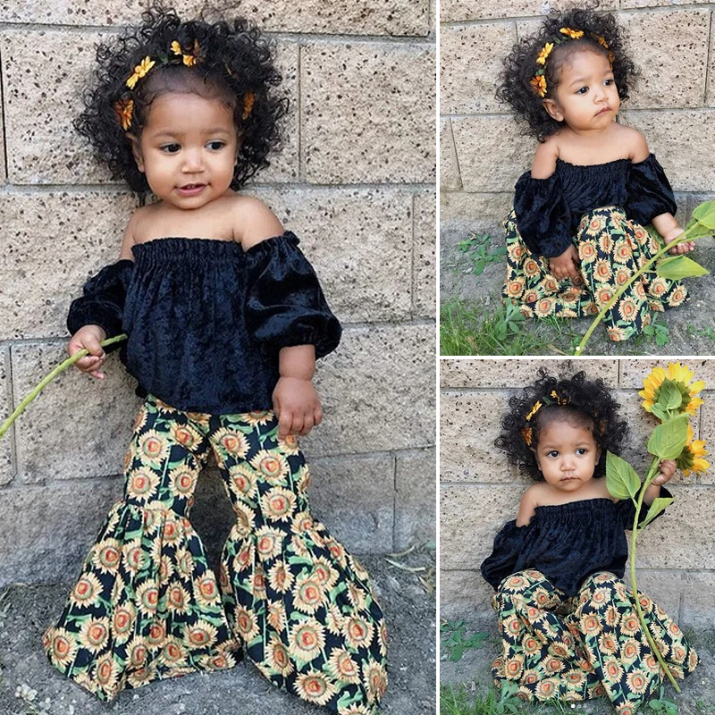 

Toddler Baby Girl Clothes Off shoulder T-shirt+Sunflower Printed Loose Long Flare Pants 2Pcs Outfits Fit For 1-6T