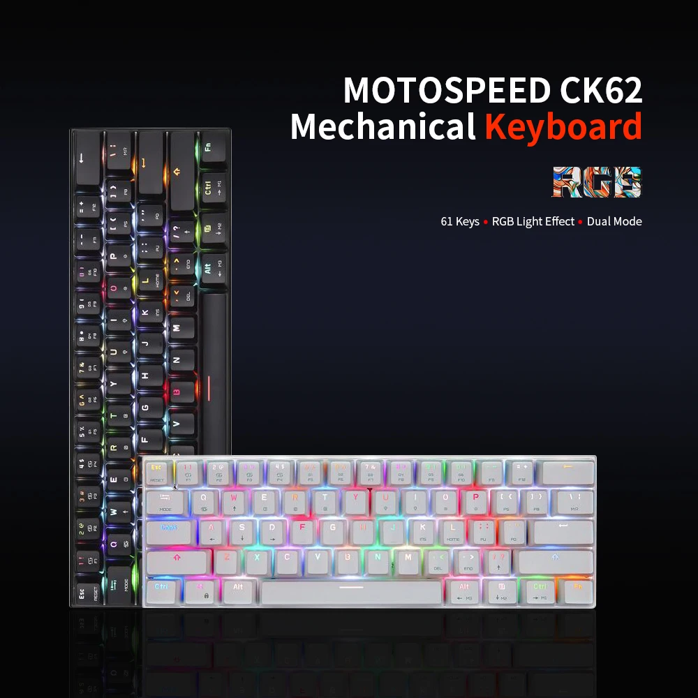 USB Wired BT Dual Mode Gaming Keyboard Motospeed CK62 61 Keys RGB