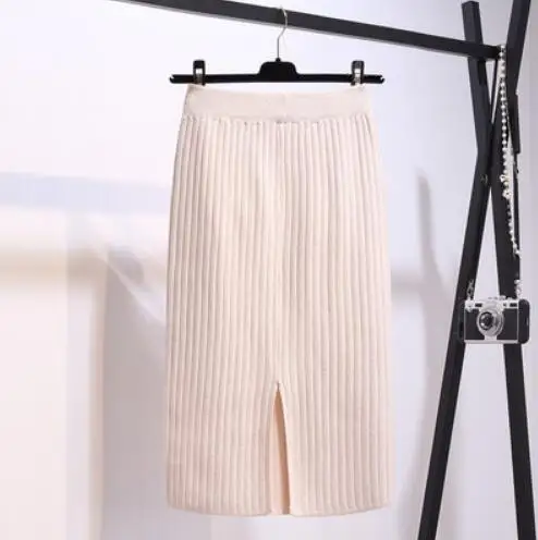 beige Fdfklak весна осень новая свободная шерстяная юбка Корейская Вязаная Зимняя юбка Женская высокая талия Сплит один шаг пакет хип рубашки - Цвет: beige