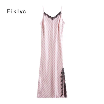 

Fiklyc Underwear Fashion Womens' Long Style V-Neck Satin Striped Nightgowns Sleepshirts Sleeveless Slim Body Lingerie Pijamas