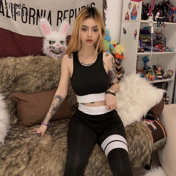 

Sisterlinda Women Elastic 2 Piece Set Sleeveless Top Shirt Long Leggings Striped Pant Women Workout 2019New Hot Sport Suit Mujer