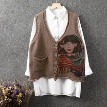 Новинка, Ретро стиль, Женский вязаный жилет с рисунком, однобортный жилет с v-образным вырезом, винтажный жилет без рукавов, женские топы