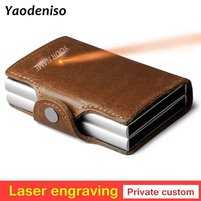 

Laser engraving Men double Aluminum Genuine Leather Credit Card Holder RFID Metal Wallet Automatic pop up Purse ID Cardholder