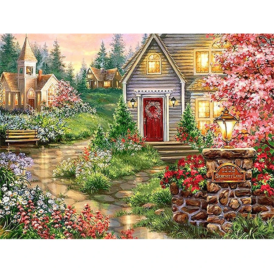 Puzzle Diamond Painting Cottage in the garden 30x40cm, 1 - 39 pieces