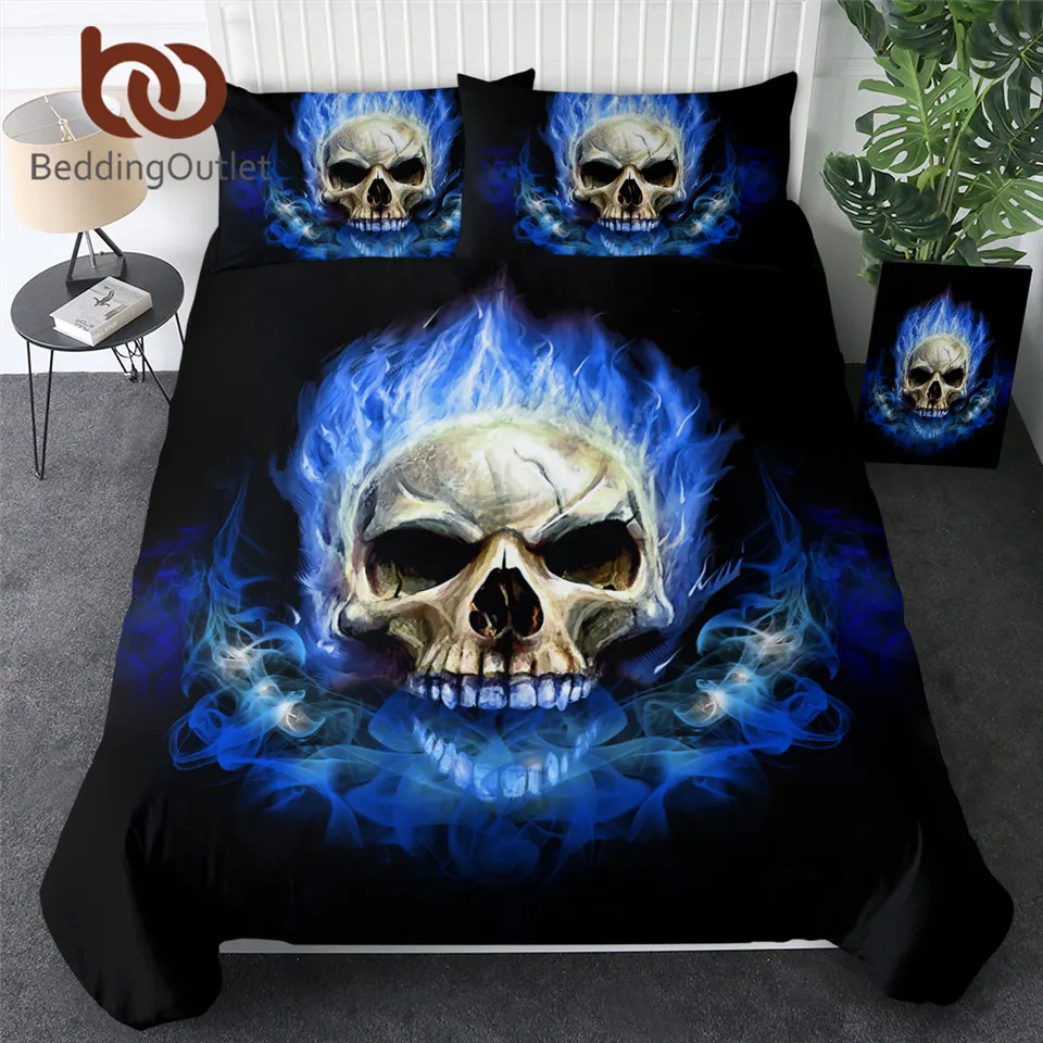 BeddingOutlet Flame Skull Bedding Set King 3D Print Gothic Duvet Cover Blue Fire Bedclothes 3pcs Fashion Home Textiles For Boys