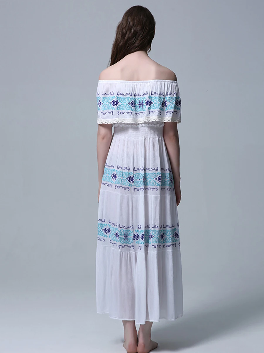 Богемное цветочное вышитое белое платье Макси летнее женское с открытыми плечами Slash шеи с оборками отделка длинное платье 2019 винтажные