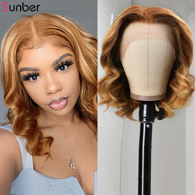 Sunber Blonde Balayage Highlights Color Celebrity Wave Bob Style Wigs 13x4 Lace 150% Density Ombre Natural Human Hair | Шиньоны и
