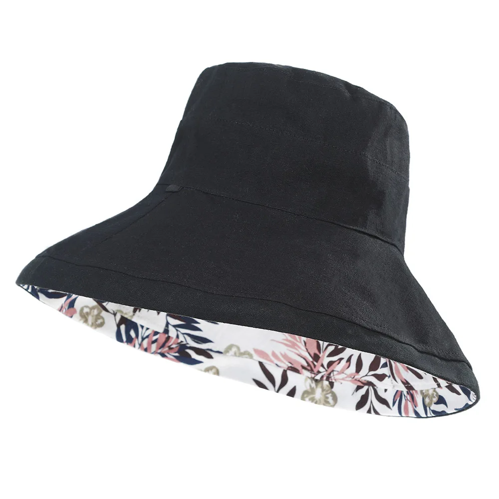 WELROG, весна-осень, женские шапки-ведерки, для улицы, с цветочным принтом, с большими полями, складные рыбацкие шапки, двусторонний головной убор - Цвет: Черный