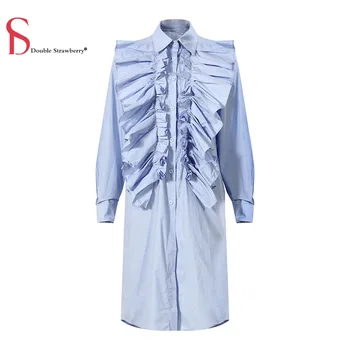 

Double Strawberry Fashion Long Blouses Autumn New Stitching Irregular Ruffled Temperament Loose Women Streetwear Long Shirts