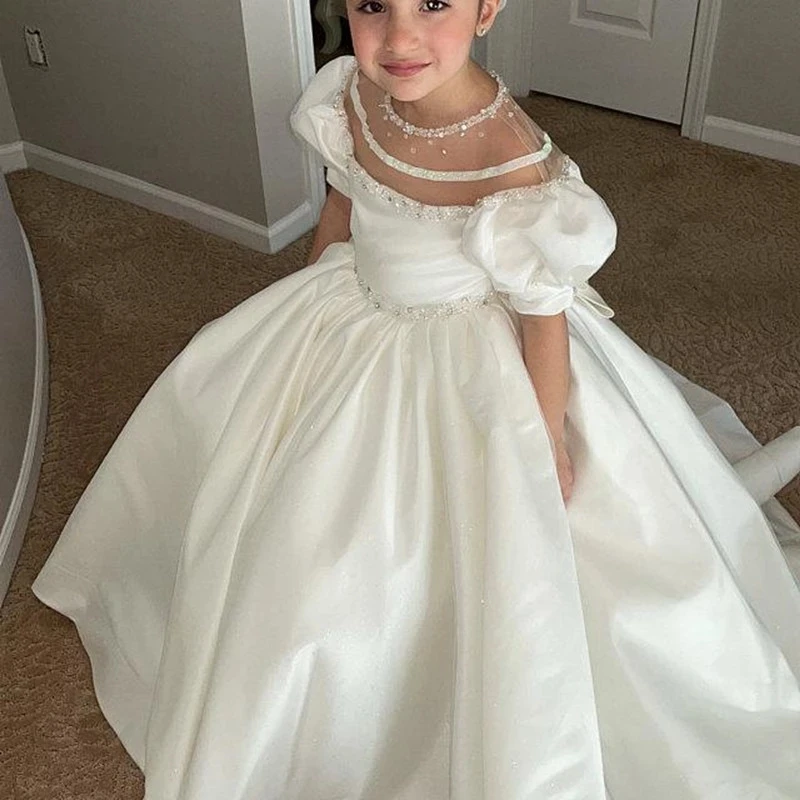 White Puffy Sheer Neck Glitter Pearls Beading Kids Pageant Gowns