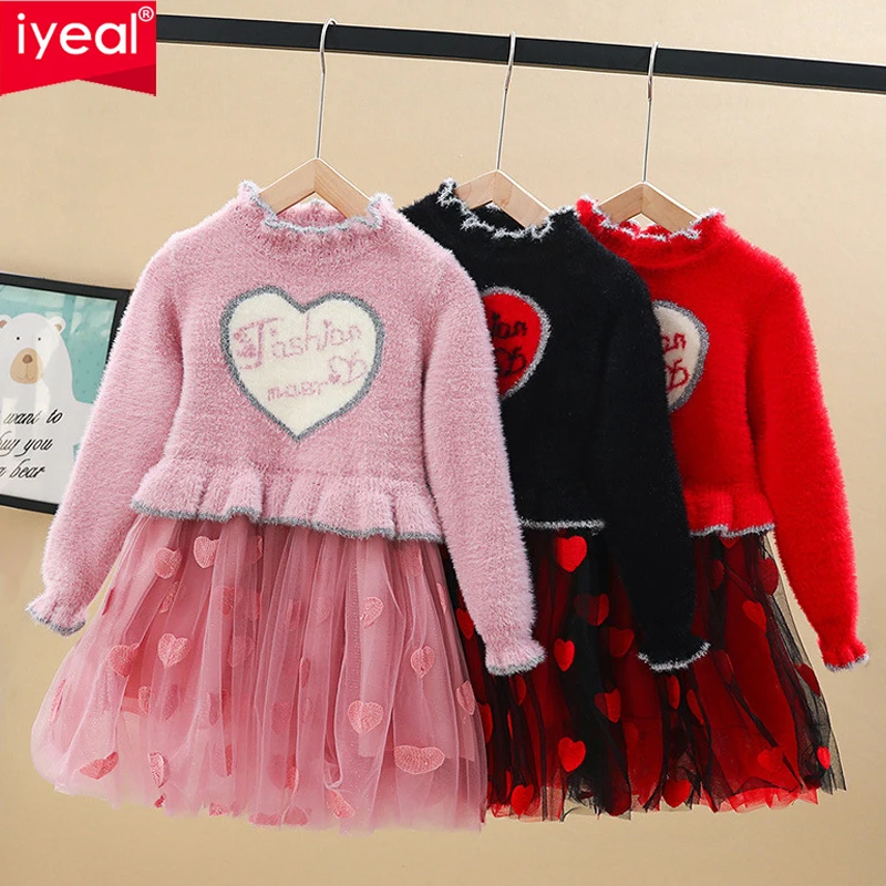 IYEAL/модные детские платья принцессы с длинными рукавами для девочек; платье с аппликацией в виде сердечек; Детские Зимние вечерние платья-пачки; одежда