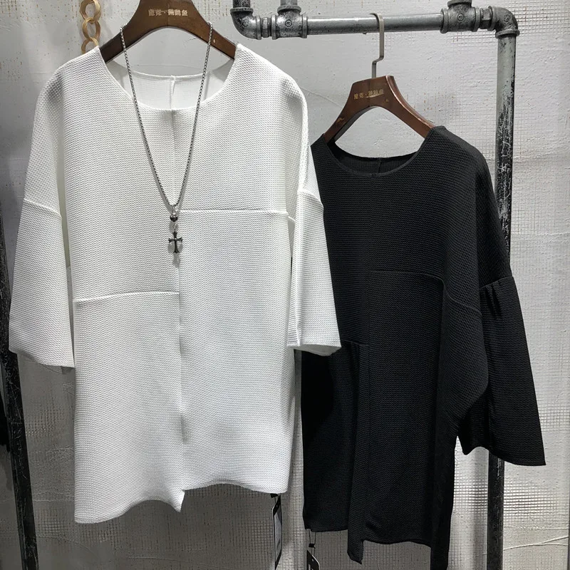 

Summer solid color round collar splice loose five-point sleeve T-shirt men's simple breathable T-shirt