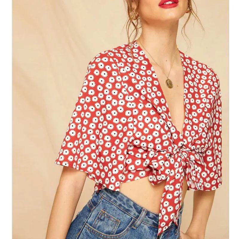 

Women's Sexy V-neck Print Blouses Female Short Sleeve Summer Hipster Lace Up Sweet Girls All-match Beach Shirts Fashion 2020