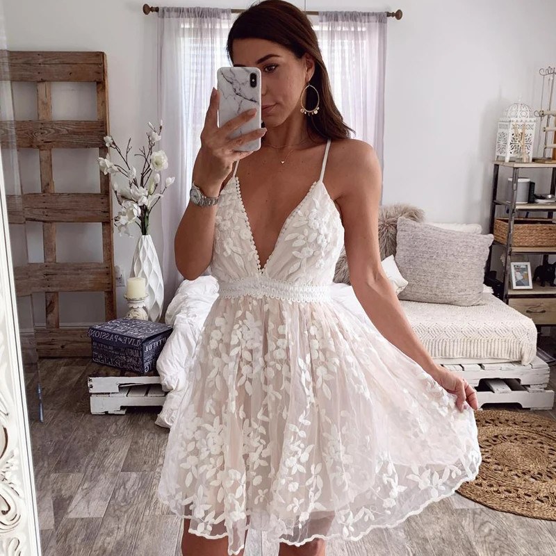 Slaygirl, Сетчатое сексуальное Белое платье для женщин, глубокий v-образный вырез, мини-платье, вечерние платья с открытой спиной на бретельках, летнее модное платье Vestidos
