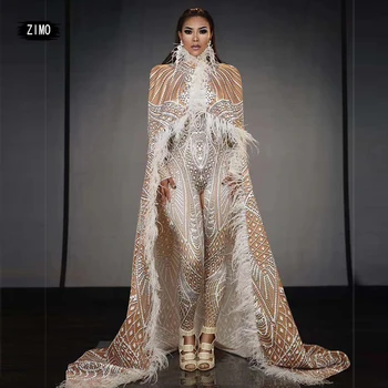 

Female men Singer Stage Wear 3D Printing Stretch Leotard Jumpsuit Long Feather Cloak Outfit Birthday Dancer Models Catwalk rave