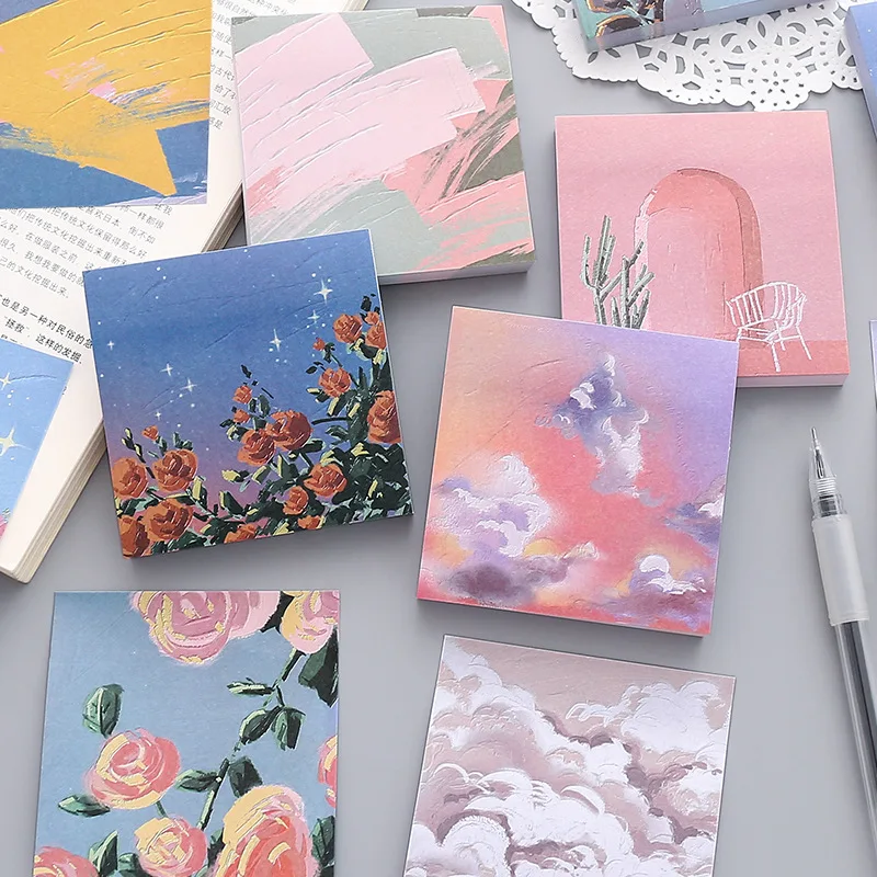 Girl Sticky Notes Oil Painting Color N Times Stickers Ins Beautiful Scenery Student Account Decoration Message Paper Memo Pads