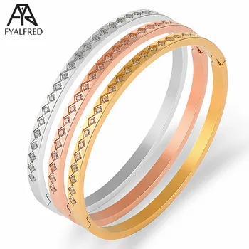 

FYALFRED 4/6mm Classic Rhombus Crystals Bangles & Bracelets Lover Couple Bangles Stainless Steel Gold CZ Bangles Women Engraved