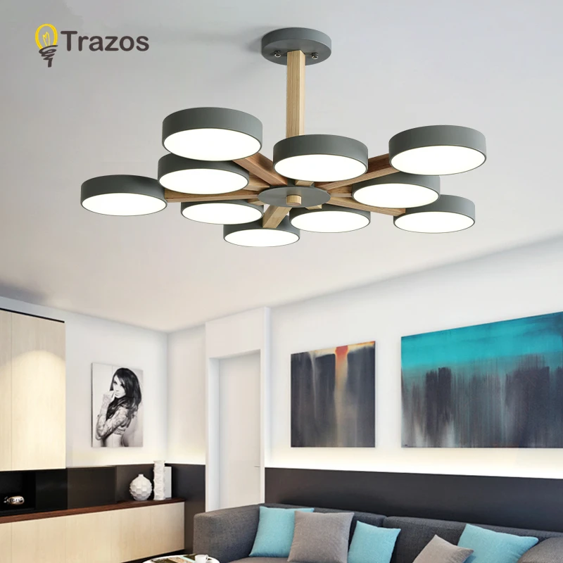 

TRAZOS 220V LED Chandelier With Metal Lampshade For Living Room Modern Ceiling Chandeliers Wooden Lustres Rooms Hanging Lamps