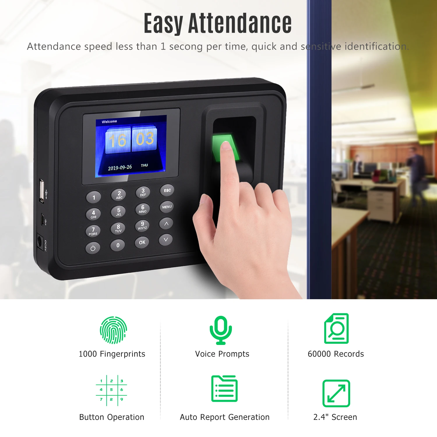 Intelligent Biometric Attendance Machine Fingerprint Recognition Employee Checking-in Recorder Support USB Disk Data Download