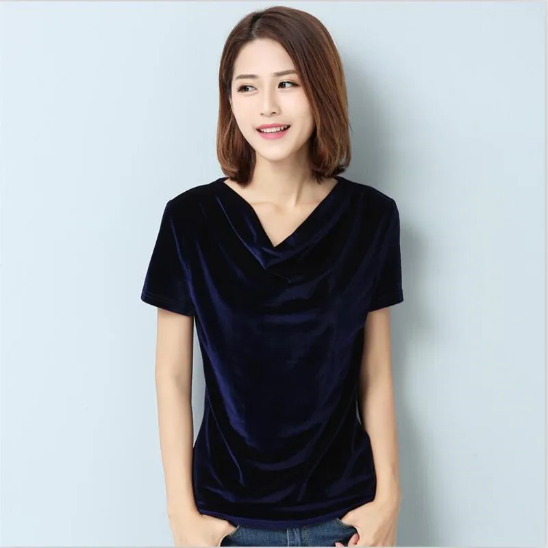 navy blue Женская однотонная бархатная винтажная Базовая футболка с коротким рукавом Свободные безрукавки элегантные офисные платья весна лето повседневные топы Плюс Размер M-8XL - Цвет: navy blue