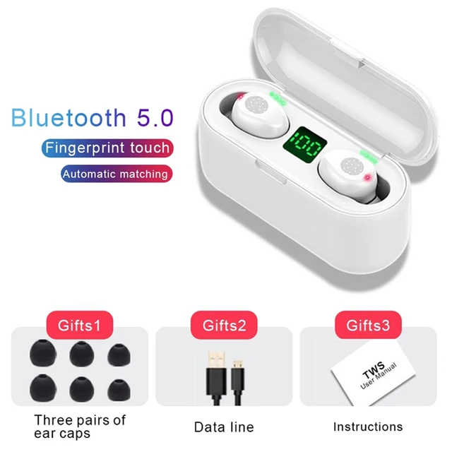 F9 Earphones Bluetooth Headphones Wireless Earpiece Running Headset With Charging Case Power Bank Waterproof Earbuds For Iphone F9-8 Touch White