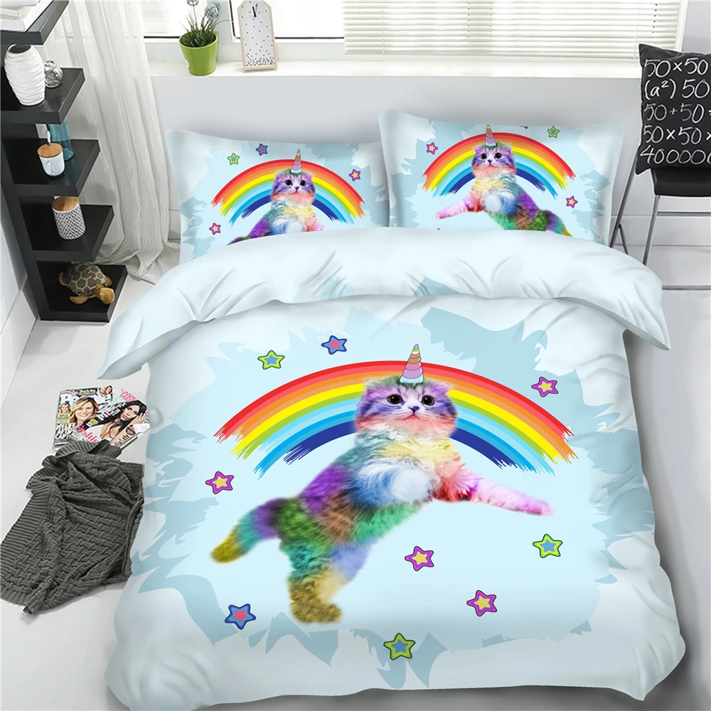 Jf-595 Cute Unicorn Cat And Rainbow Printed Bedding Set For Kids Girls  Duvet Covers Single Double Queen King Size Kitten Sheets - Bedding Set -  AliExpress