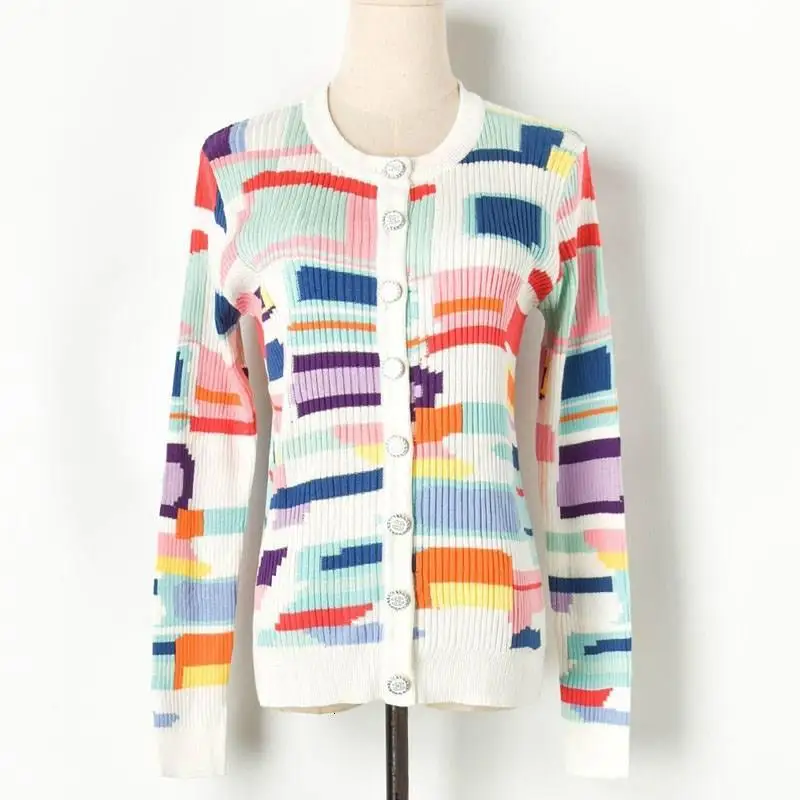 High Quality Slim Sweater Open Stitch Women Long Sleeve Hit Color Graffiti Sweater Fall Button Knitted Cardigan