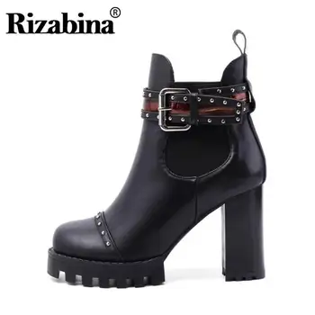 

RIZABINA Women Ankle Boots Genuine Leather Winter Shoes Women Fashion Rivets Buckle Gothic High Heels Short Boots Size 34-42