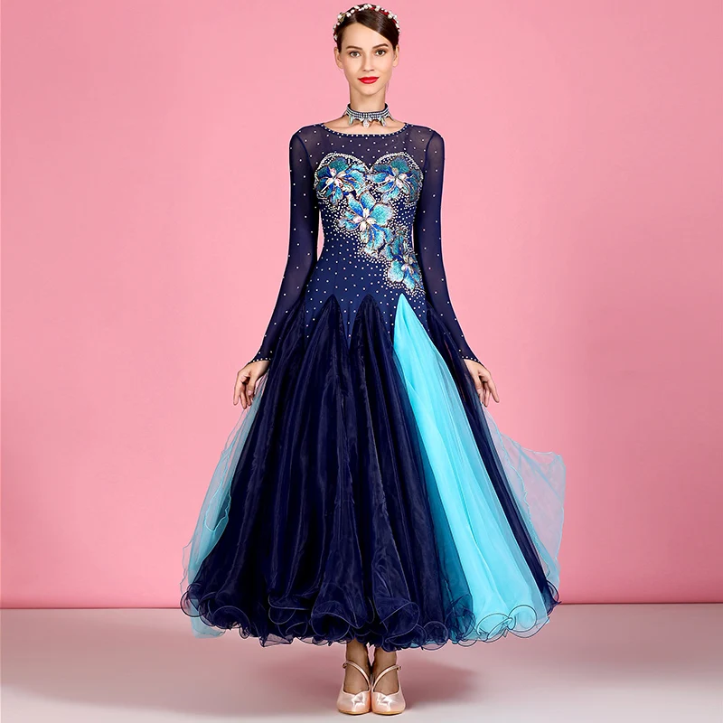 Стандартные Бальные платья для танцев Вальс платье для бальных танцев Танго танцевальные костюмы с длинным рукавом платье с блестками - Цвет: Blue