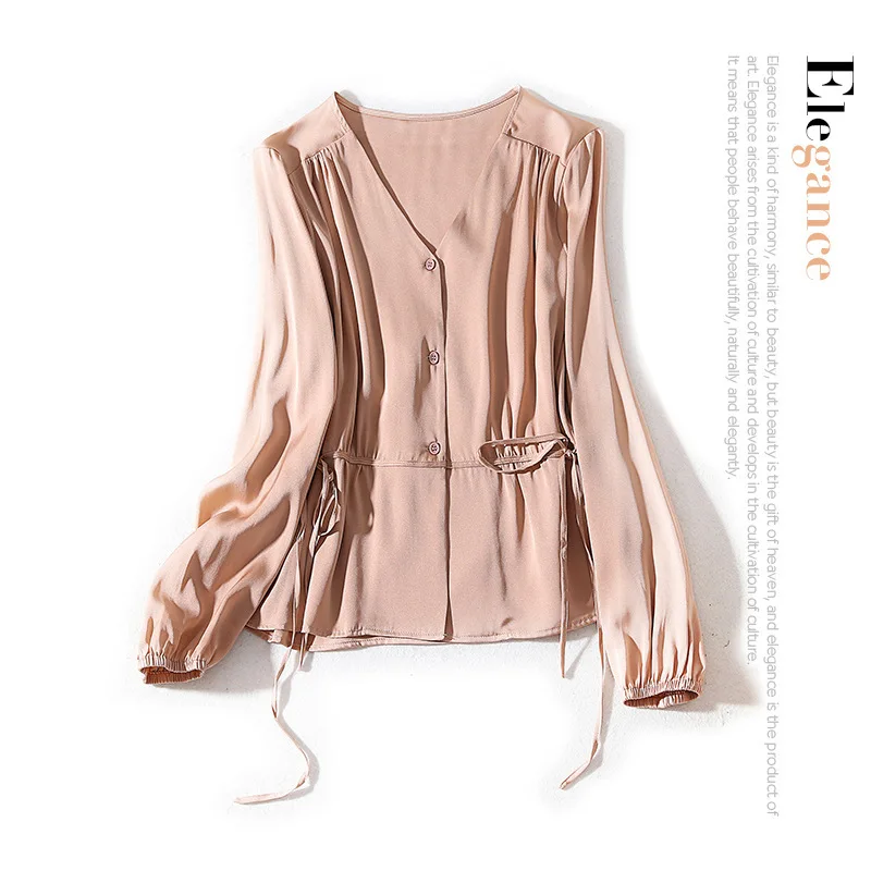 

New V neck solid color long sleeve waist knot tie up waist show thin silk double satin Shirt Top Female