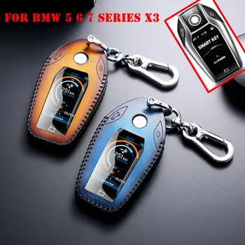 

1Pcs Top Layer Cowhide Leather Car LED Display Key Case Cover With Keychain For BMW 5 6 7 Series X3