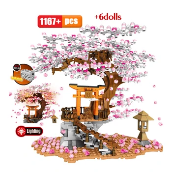 

City Street View Idea Sakura Inari Shrine Bricks Friends Cherry Blossom Technic Creator House Tree Building Blocks Toys