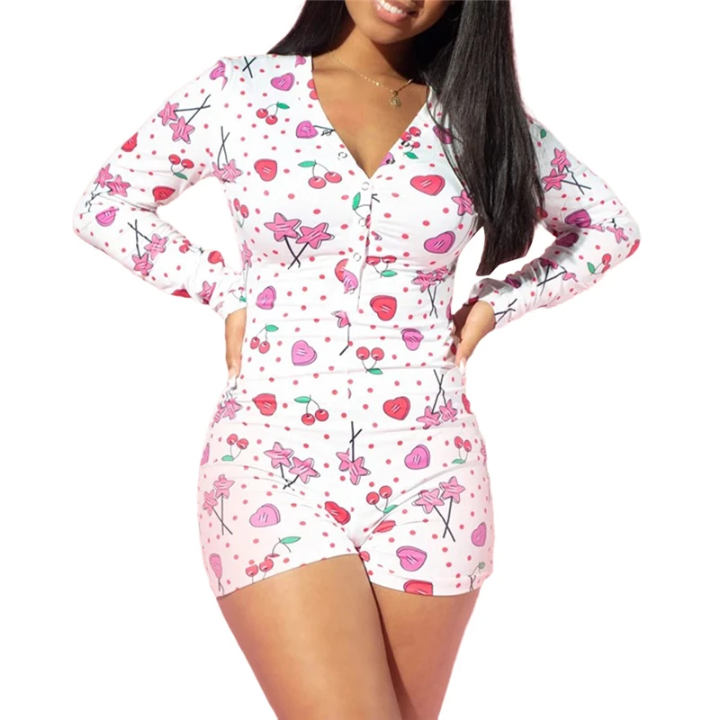 Cartoon Printed Women Bodycon Jumpsuit Rompers Sexy Sleep Wear Long Sleeve V Neck Exotic Bustier Pajamas Cartoon Printed Women Bodycon Jumpsuit Rompers Sexy Sleep Wear Long Sleeve V Neck Exotic Bustier Pajamas