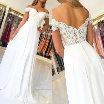 

Cheap Tulle A-Line Prom Dress with Lace Appliques Buttons Off The Shoulder Backless Long Formal Evening Gowns Custom Made Longo