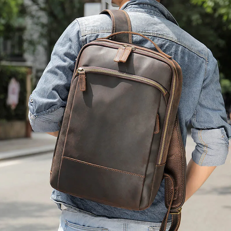 Vintage Backpack Genuine Leather Men's travel bagapck 16 inch