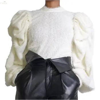 

Womens Clothing Winter O-neck Full Puff Sleeve Solid White Sweaters Sexy Fashion Night Clubwear Slim Bandage Woolen Tops
