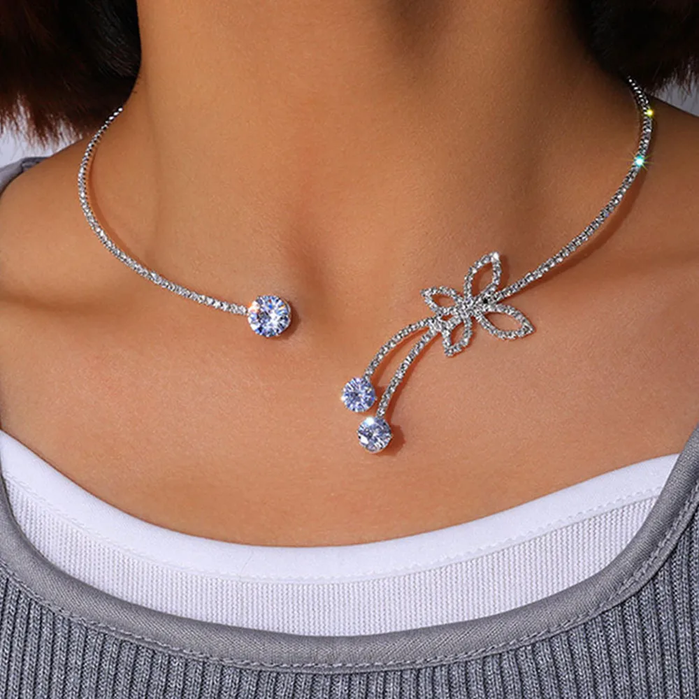 Exquisite Rhinestone Adjustable Open Butterfly Collar Torques Jewelry for Women Crystal Round Choker Necklace Bangle Accessories