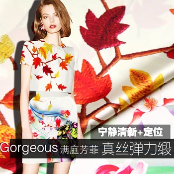 

PRINTED SILK STRETCH SATIN 118cm width 19momme 100% Silk Soie Fabric Positioning Printing Flowers MOQ 1.1M