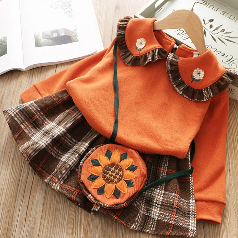 Melario/Одежда для маленьких девочек комплект со свитером для девочек, детский однотонный вязаный костюм с принтом, свитер теплый свитер для девочек, комплект из 2 предметов с юбкой - Цвет: AX1310 Orange