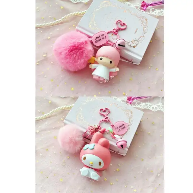 10CM Sanrios Kawaii Cartoon Fur Ball Keychain Mymelody Kuromi Littletwinstars Key Chain Bag Pendant Child Gift 1