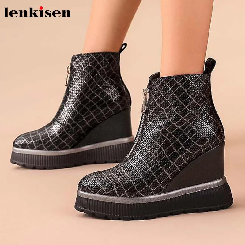 

Lenkisen wedges thick bottom print gingham sheep leather round toe high heels winter warm fashion Zipper women ankle boots L6f4