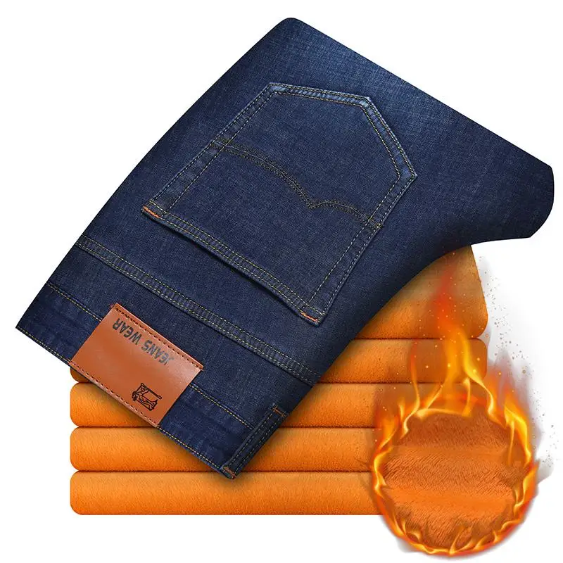 Зимние мужские теплые джинсы в классическом стиле, деловые флисовые плотные Стрейчевые джинсовые брюки мужские брендовые черные синие - Цвет: Blue