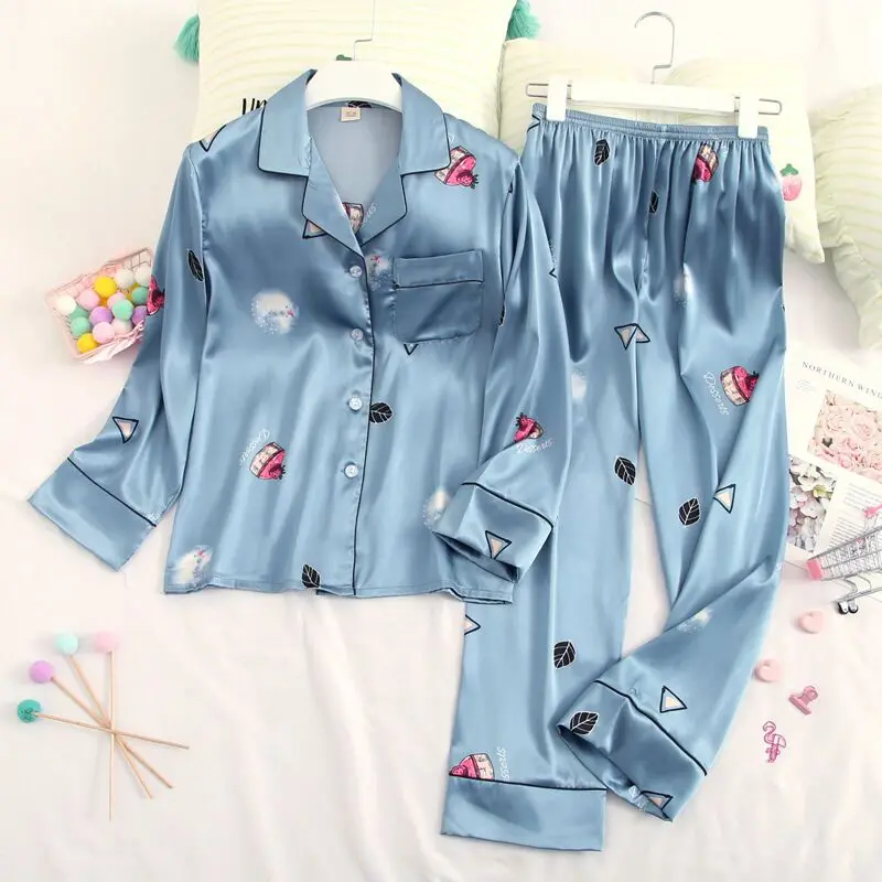 

Satin Silk Pajamas for Women's Set pyjamas Button Pigiama Donna pjs Pijama Mujer Sleepwear Nightwear Pizama Damska 2Pcs