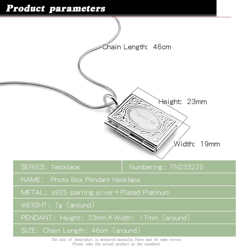 Женское ожерелье из серебра 925 пробы с квадратным кулоном в виде фотокоробки|sterling