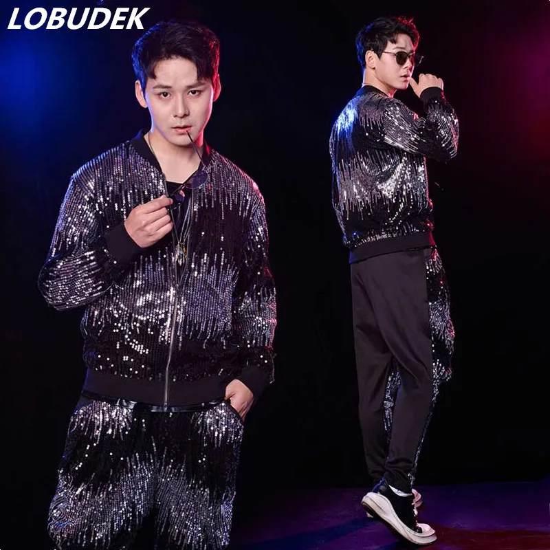 

Glitter Sequins Zipper Jacket Pants Vest 3-Piece Set Male Singer Dancer Hip Hop Dance Performance Clothes Dancer Stage Costume