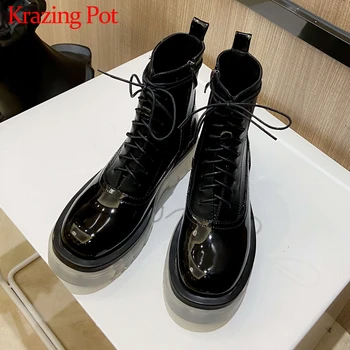 

Krazing Pot cow leather cross-tied jelly bottom waterproof med heels mixed color punk rock design high quality ankle boots L11
