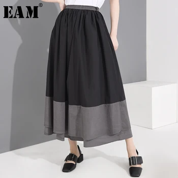 

[EAM] High Elastic Waist Black Gray Double Layers Stitch Half-body Skirt Women Fashion Tide New Spring Autumn 2020 1R60701